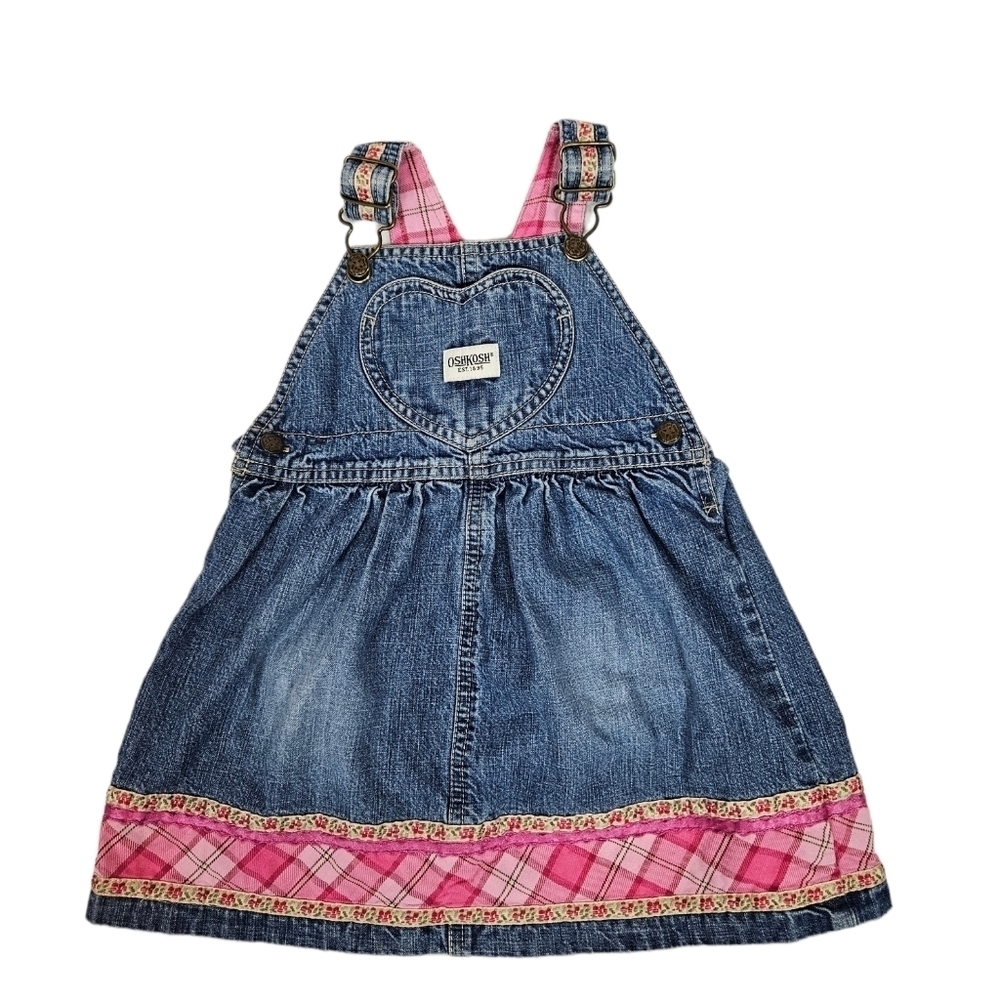 Vintage Oshkosh B'Gosh Heart Pocket Denim Vestback Pink Plaid Ribbon 24M Q18
